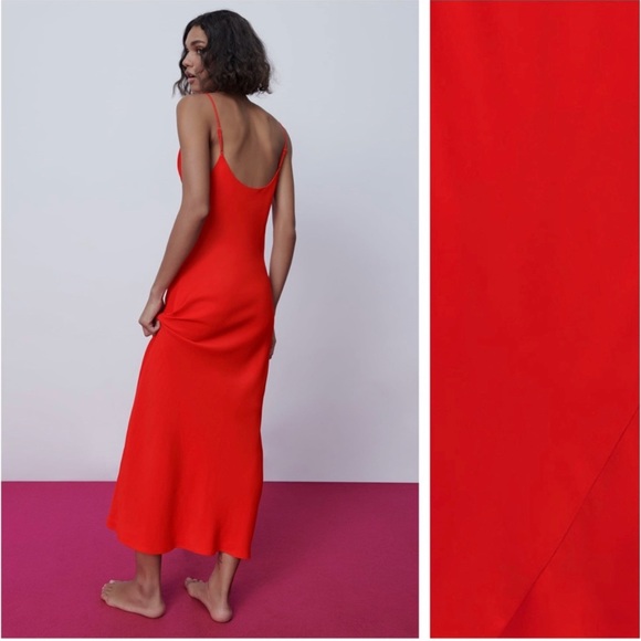 Zara bright Red Satin Effect Lingerie Style maxi Cowl Neck Dress Size XS NWT - Picture 7 of 16